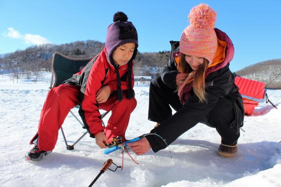Ice fishing for smelt on Lake Sahoro near Obihiro